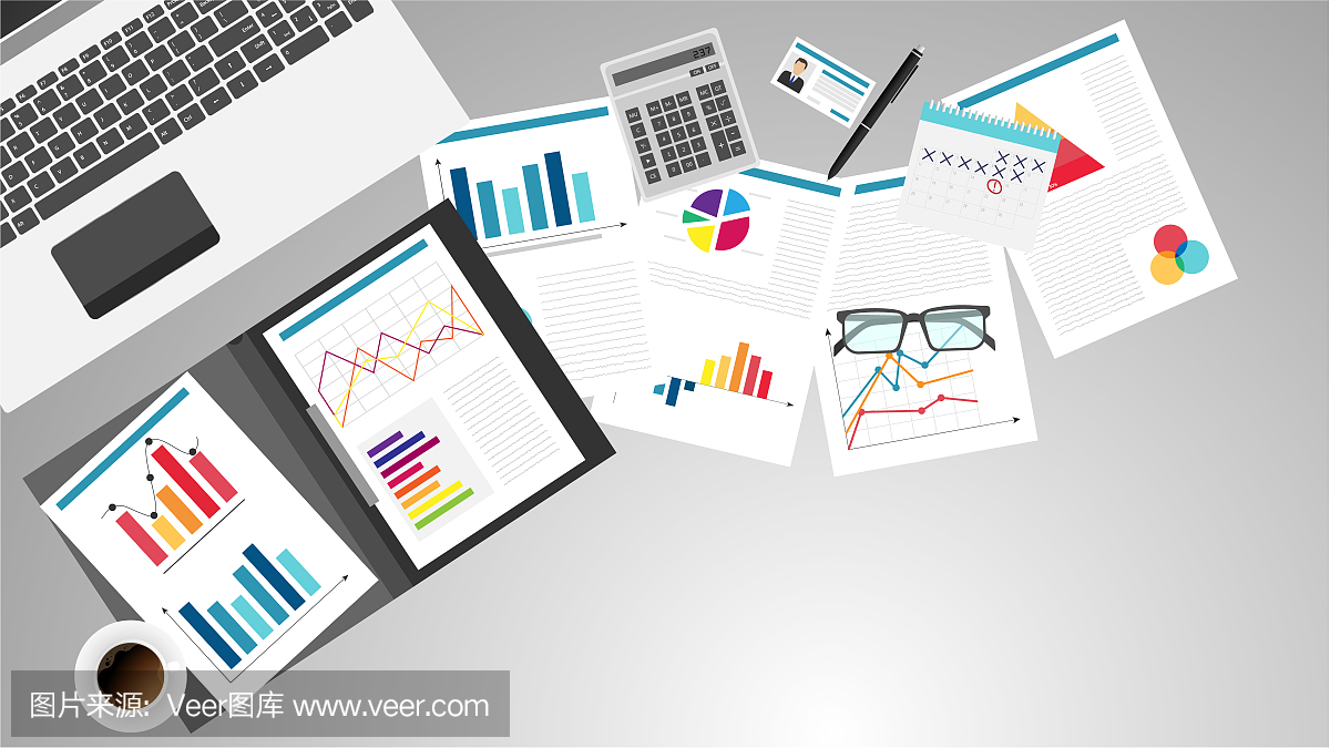俯视图办公场所,办公用品,笔记本。图表、文档、矢量图